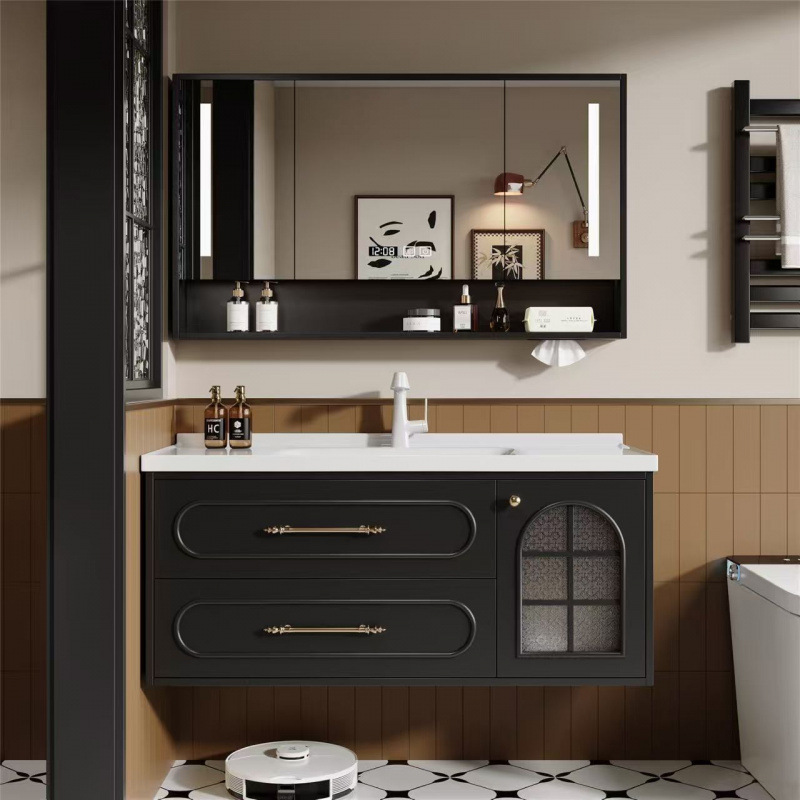 French-Style Vintage Solid Wood Multi-Layer Bathroom Cabinet Set with Integrated Washbasin and Ceramic Bathroom Fixtures French-Style Vintage Solid Wood Multi-Layer Bathroom Cabinet Set with Integrated Washbasin and Ceramic Bathroom Fixtures