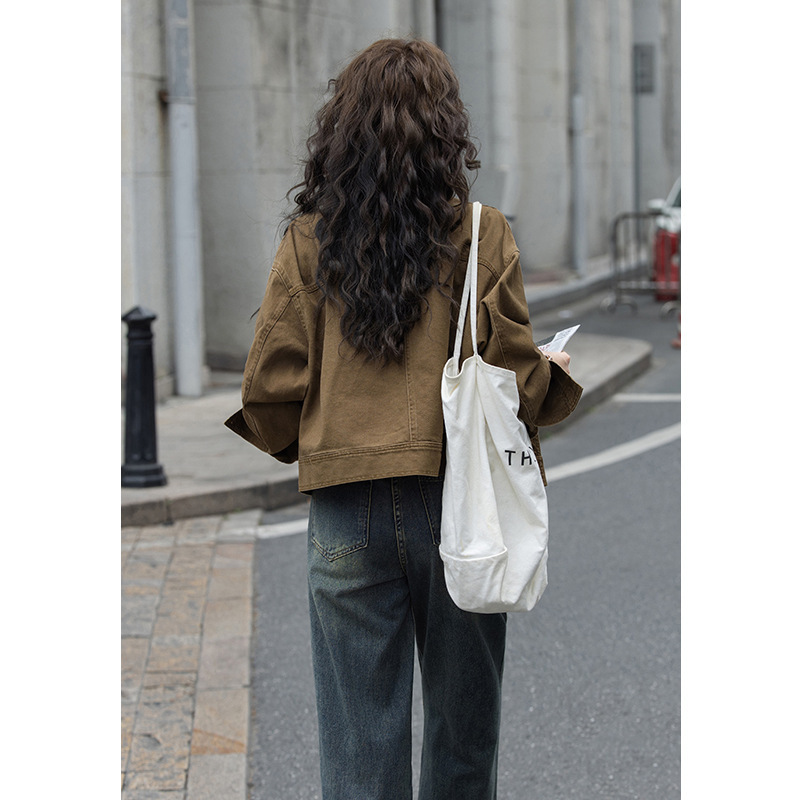 美拉德复古咖色牛仔短外套2025秋新款小众宽松立领工装夹克上衣女|undefined