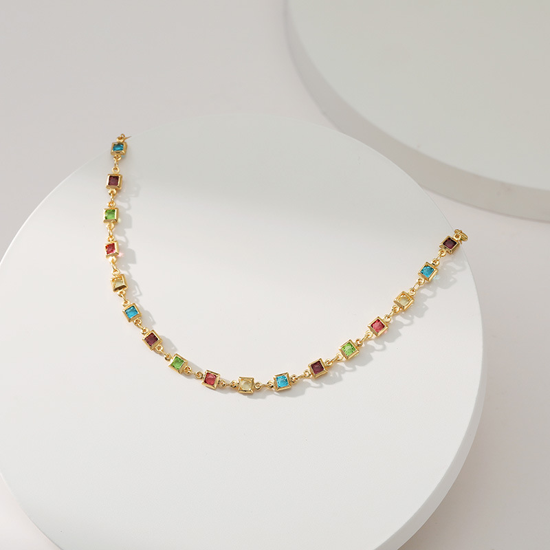 Retro Square Copper Inlay Zircon Necklace 1 Piece