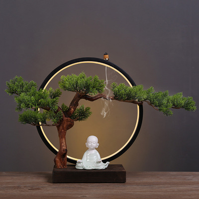 迎客松倒流香炉家用室内装饰沉香香薰炉香道创意禅意小夜灯摆件|ms