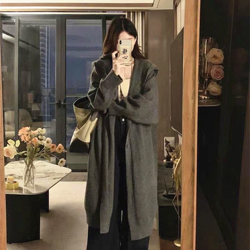 大码美拉德穿搭中长款毛衣开衫外套秋冬慵懒风连帽针织衫上衣|undefined