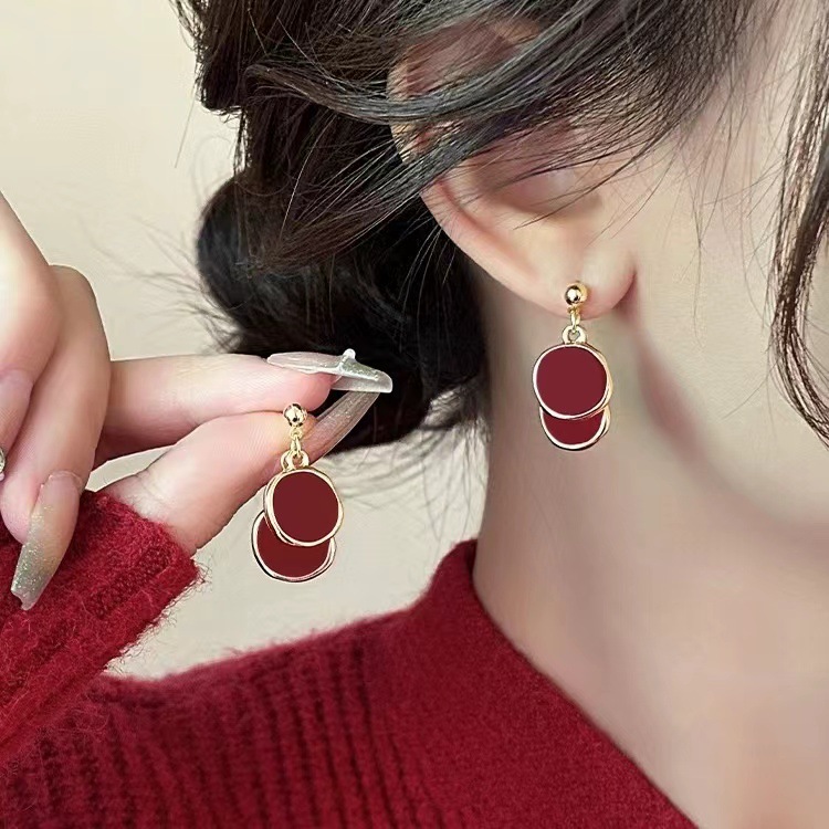 S925 Silver Pin Maillard Vintage wine red Earrings Women's Ins Fashionable Autumn and Winter Versatile Elegant Earrings Ear Jewelry
