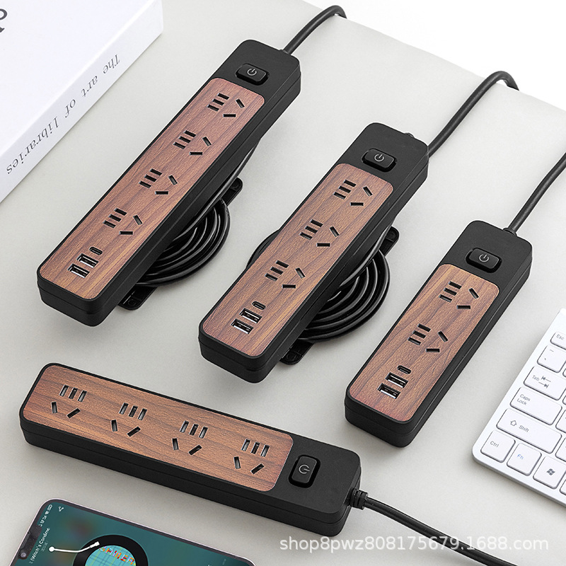 木纹排插可贴墙 收纳接长线家用办公插座电源转换器多功能USB多孔