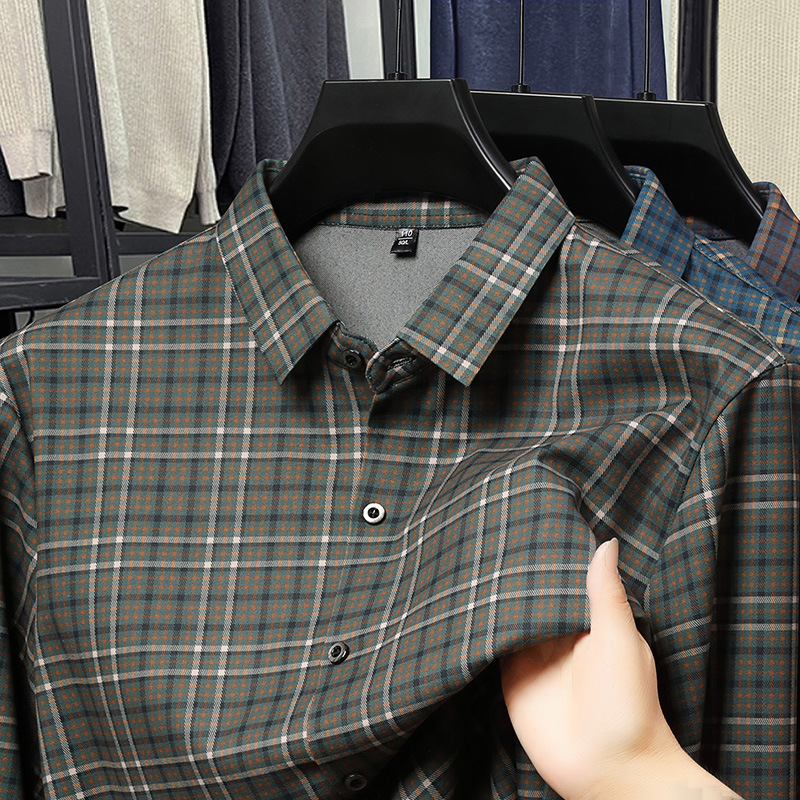 Autumn New Style Fully Seamless Plaid Shirt for Middle-Aged Dad Casual Breathable Printed Men's Long-Sleeved Shirt