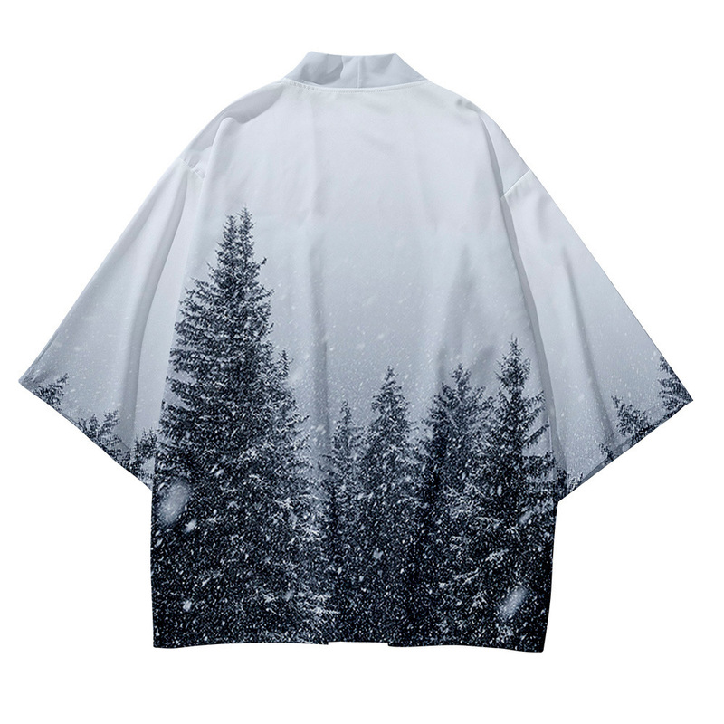 2021 European and American Plus Size Shirt Smoke Stretching Forest Print Kimono Cardigan Loose Plus Size Men's Jacket