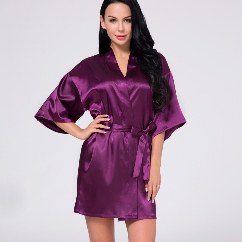 Women's Nightgown Silk-like Shade Kimono Gown Glossy Solid Color Thin Cardigan Gown Summer Sexy Short Bathrobe