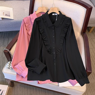 130-350斤大码女装胖mm长袖衬衫法式荷叶领小众设计感宫廷风上衣