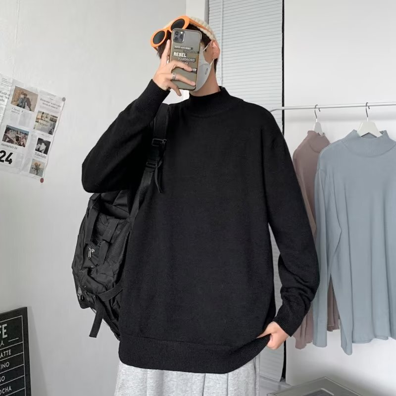 Pure Black Crewneck Sweater Winter Men's oversize Lazy Style High-end Lovers Knitted Shirt Coat Pure Black Crewneck Sweater Winter Men's oversize Lazy Style High-end Lovers Knitted Shirt Coat
