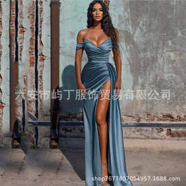 2026欧美外贸女装独立站拖尾烫钻抹胸开衩宴会显瘦晚礼服高级感