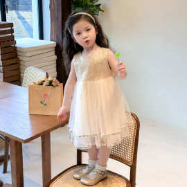 女童无袖连衣裙夏装洋气网纱蓬蓬裙蝴蝶结背心礼服裙夏季公主裙潮