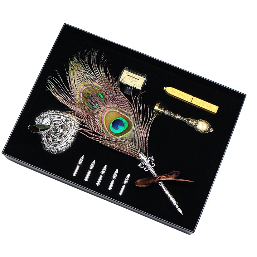 T06YE-L2 feather pen Harry Potter European retro fire paint seal dip pen peacock feather steel gift box suit