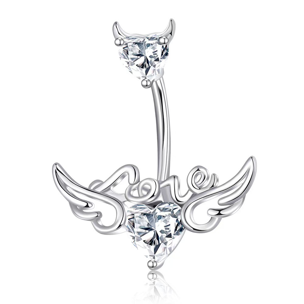 Hot Girl Belly Button Ring Heart Angel Wings Dangle with Teeth - Copper Body Piercing Jewelry detail image 7