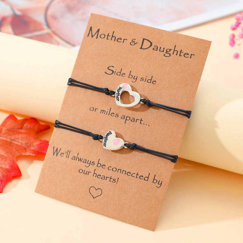 Cross-border New Mother's Day Bracelet Creative Hollow Heart-shaped Pink Drop Oil Mother and Daughter Letters Hand-woven Hand Rope