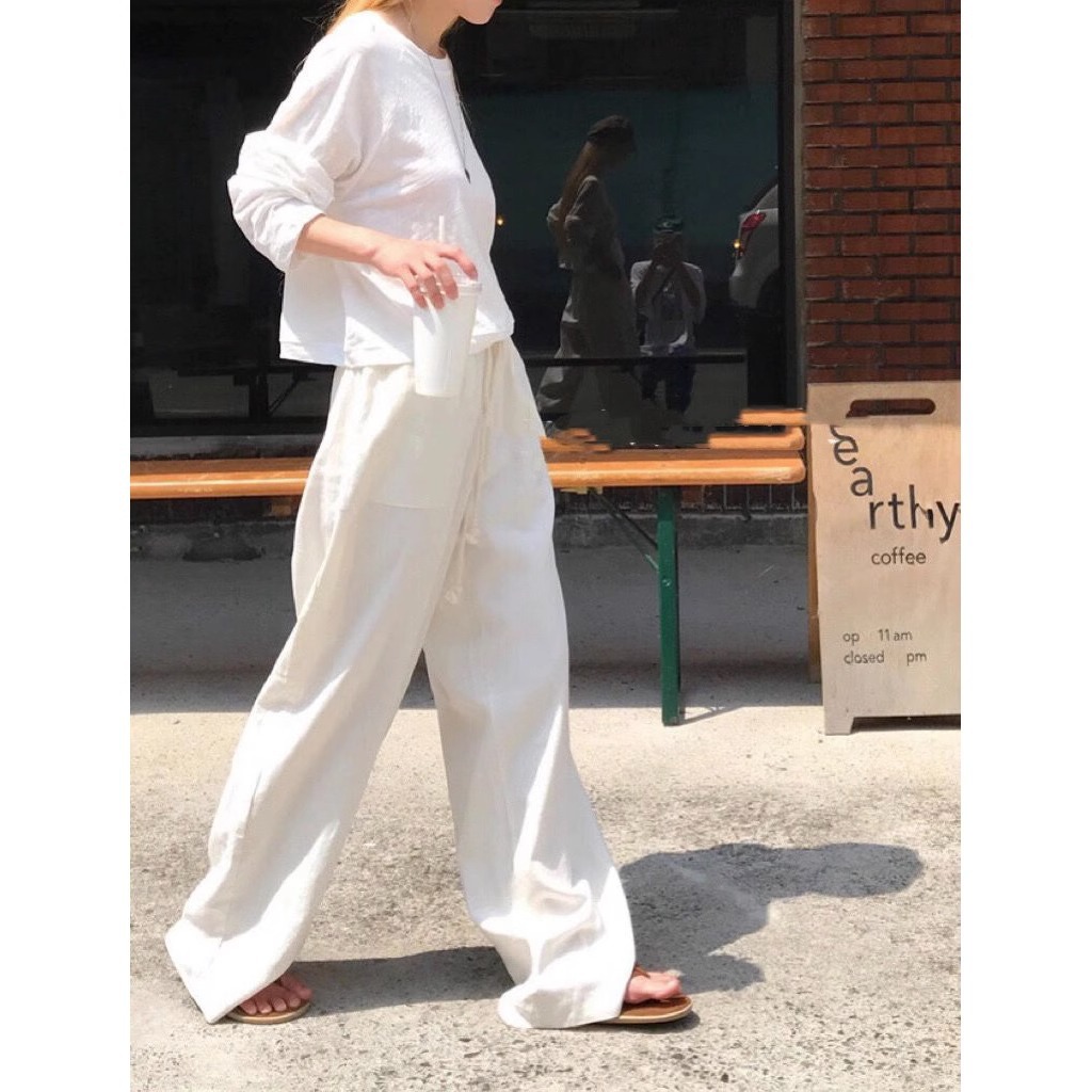 白色棉麻裤子女夏季薄款日系慵懒垂感休闲直筒拖地长裤亚麻阔腿裤详情5