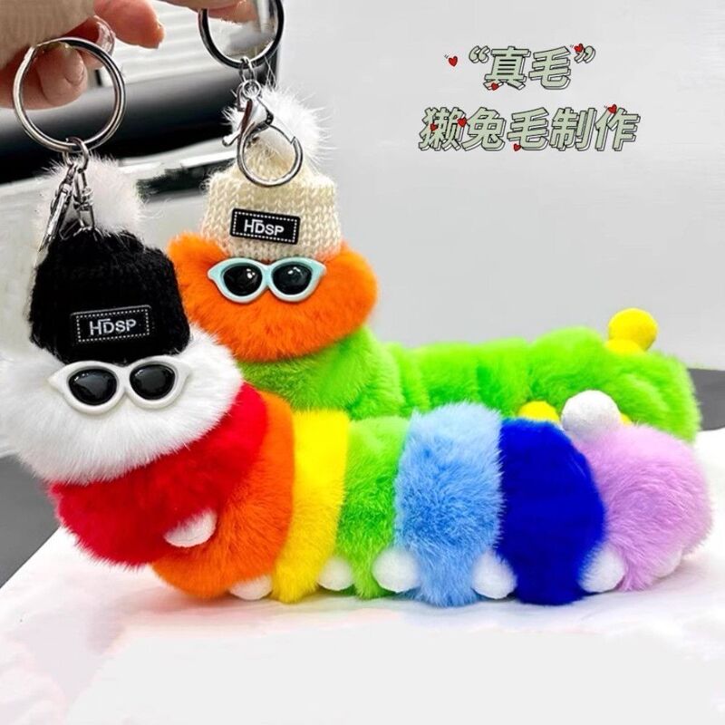 Imitation Rex Rabbit Fur Caterpillar Plush Bug Pendant, Cute Fur Car Keychain, Personalized Bag Accessory Pendant