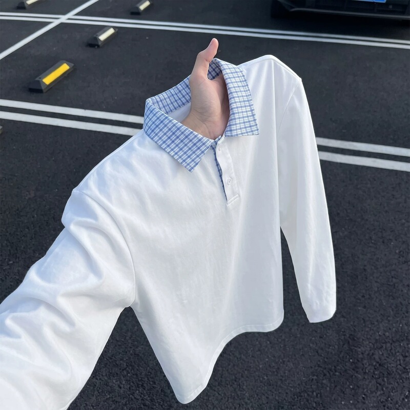 Cross-border white heavyweight plaid patchwork polo shirt, men's autumn long-sleeve T-shirt, suitable as an inner layer or base layer, sweatshirt