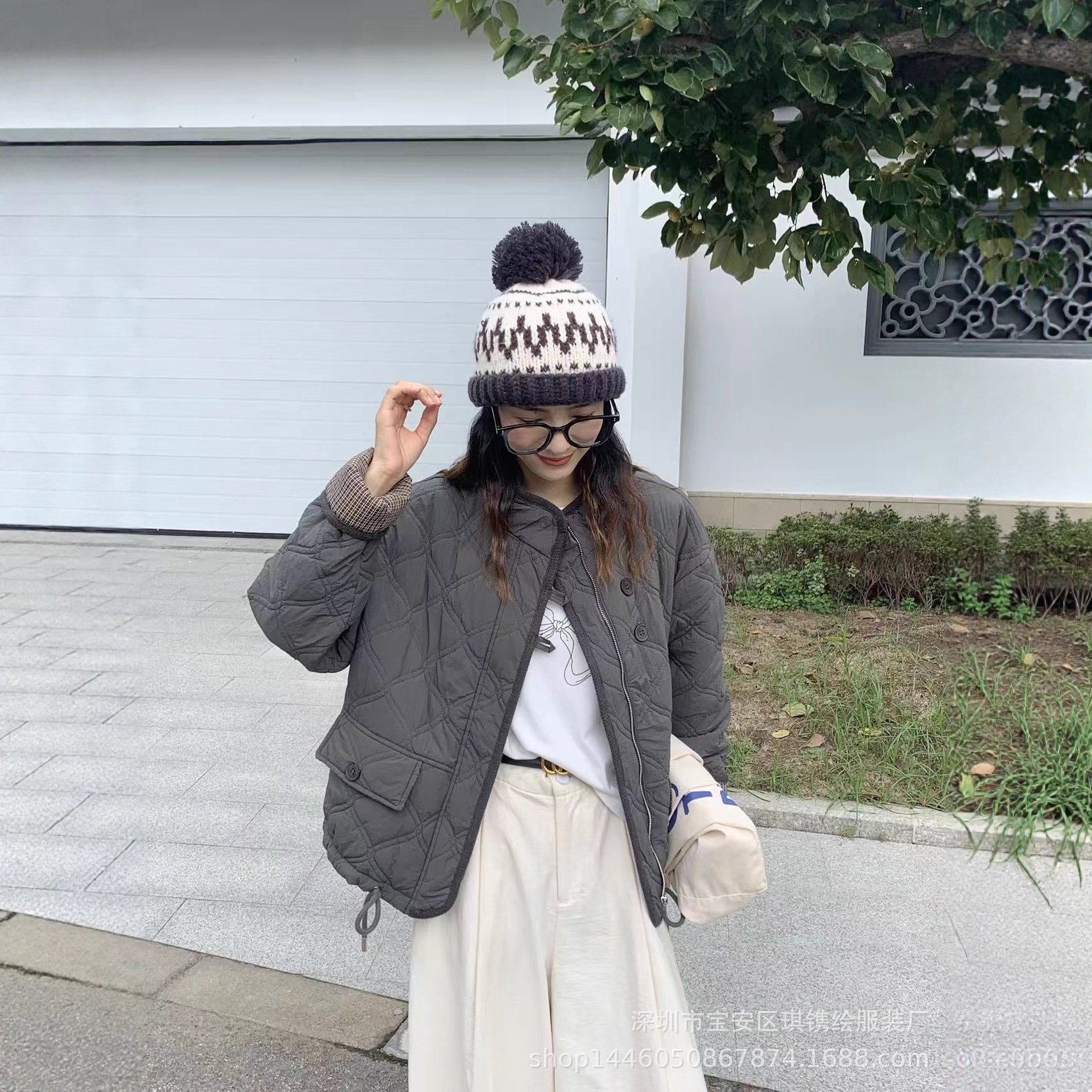 琪镌绘制冬新款格子拼接时尚洋气百搭显瘦棉服女菱格夹棉外套短款