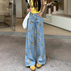 黄碎花扎染牛仔裤女2025秋季超火网红爆款洋气浪漫印花直筒阔腿裤