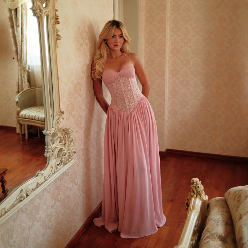 Cross-Border | Factory Direct Lace Waist-Chic Chiffon Long Dress for Brides, Bridesmaids, and Wedding Guests.