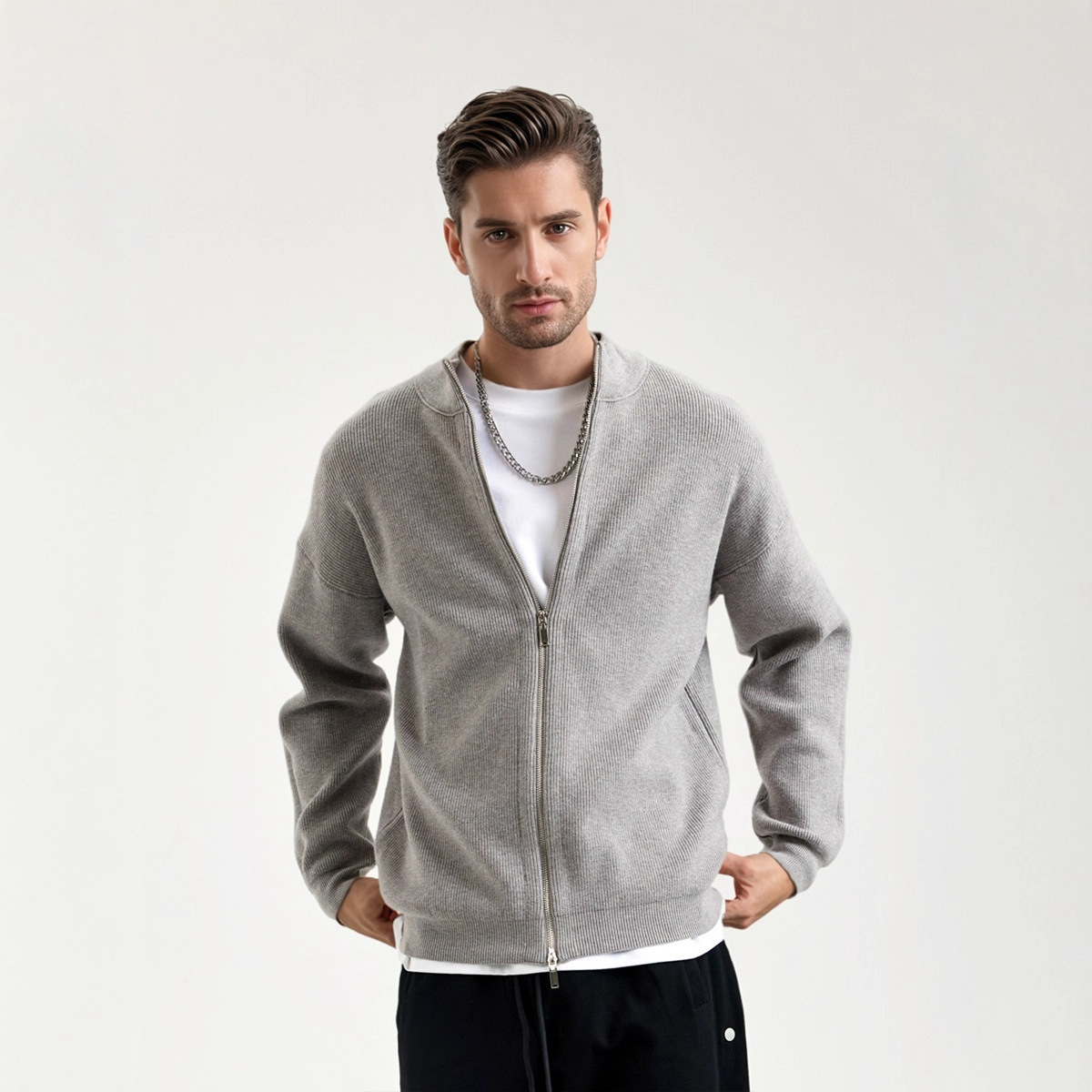 Suéter de cuello alto americano 2025, otoño y invierno con doble cremallera, chaqueta de punto de cardigan para hombre, chaqueta de color sólido suelta.