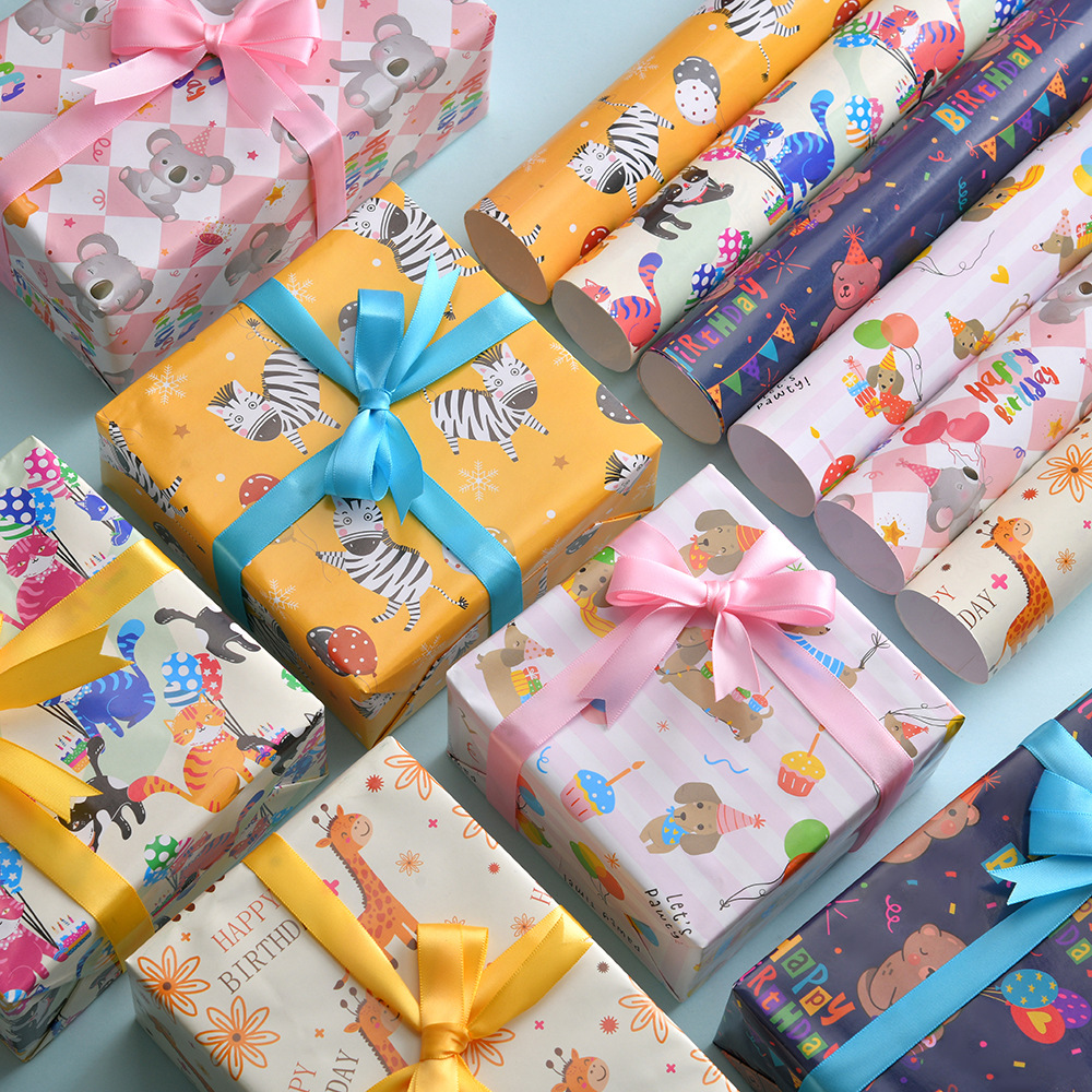 Nuevo papel de embalaje de regalo de dibujos animados de animales papel de regalo de cumpleaños para niños caja de regalo de vacaciones papel de regalo embalaje de papel recubierto