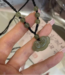 和田玉平安鎖吊墜繩青海料吊墜禮物生日胖鎖男女掛件鎖骨鏈可愛