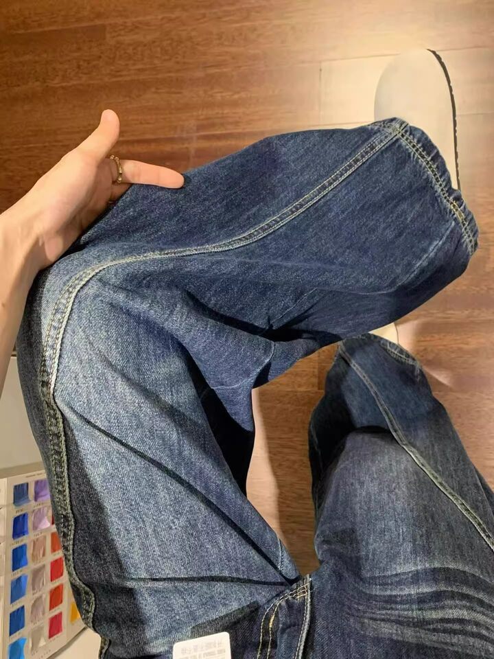 Quần jeans nữ ống cong cạp cao dáng rộng phong cách retro, quần dài có lót lông — Quần đơn màu xanh đậm chi tiết 8