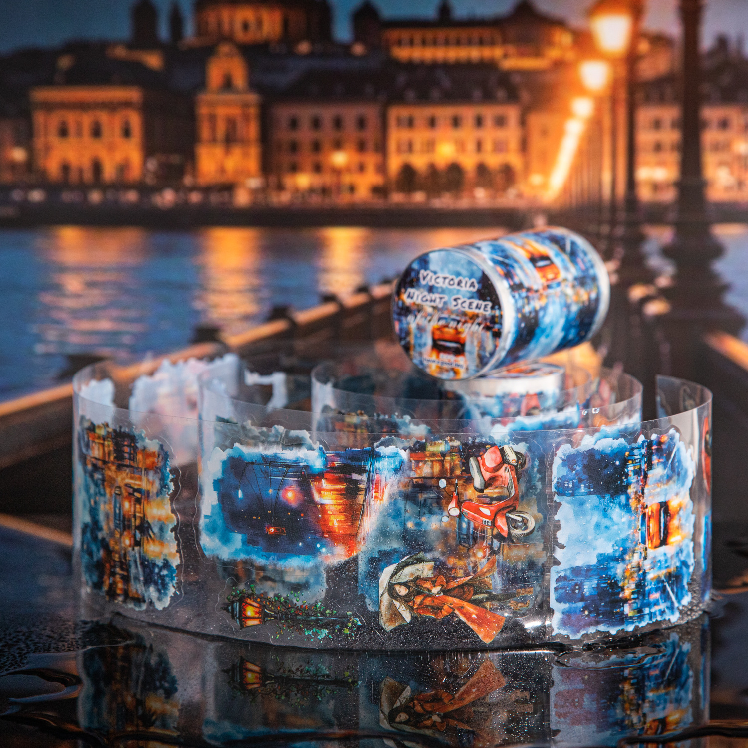 Hermoso día paisajismo PET cinta troquelada Victoria Night View Series Material de decoración de cuentas a mano pegatinas