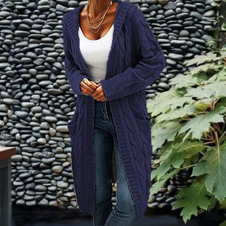 Aguja gruesa de las mujeres europeas y americanas transfronterizas Otoño e Invierno de las mujeres color sólido suelto más tamaño doble bolsillo Twist sweater cardigan Coat