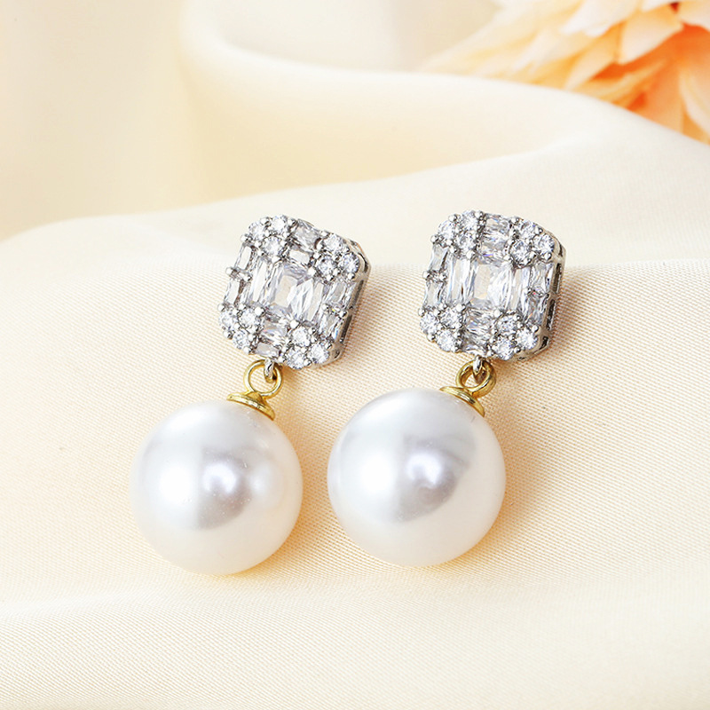 Geometric, Heart Shape Pattern 1 Pair Imitation Pearl Copper Artificial Pearls Zircon 925 Sterling Silver Earrings Geometric Heart Shape Drop Earrings Ear Studs