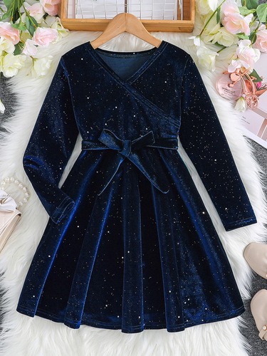 Autumn and winter youth retro V long-sleeved solid color sequined birthday party dress short-sleeved skirt dress Dress