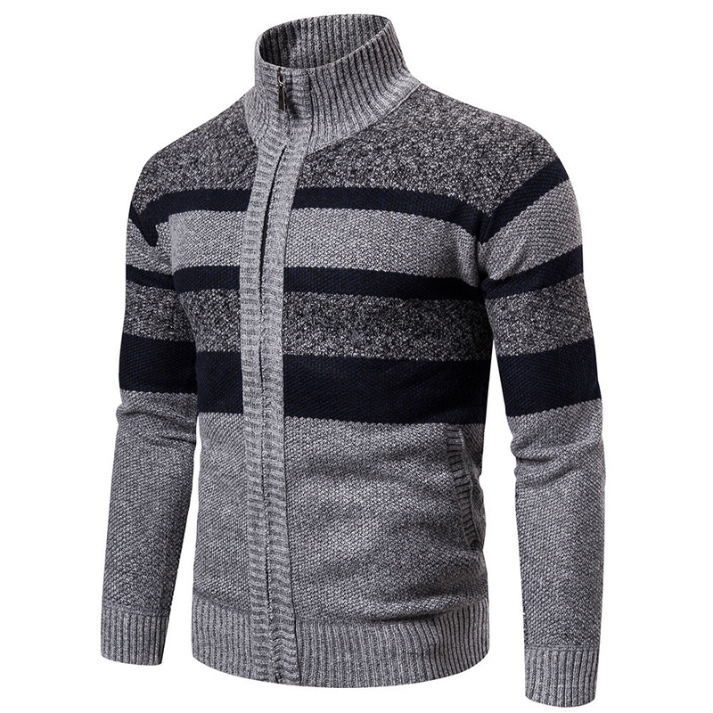 Cross-border Export Amazon Men's Trendyy Stripesd Long-sleeved Knitwear Men's Outdoor Stand-up Collar Sports Cardigan Knitwear