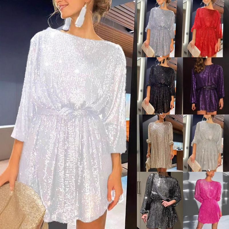 2024 European and American New Independent Station Holiday Party Fashion Sequin Bead Solid Color Tight Waist dress Dress