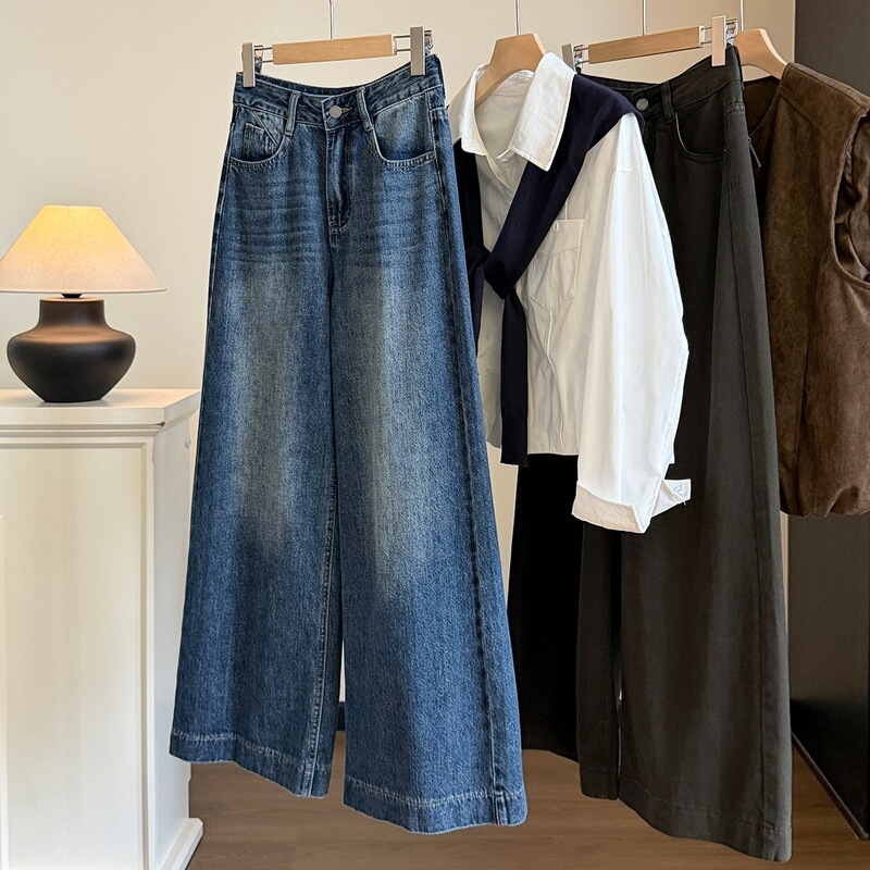 Korean-style vintage washed high-waisted wide-leg jeans for women, new autumn collection, loose fit, slimming, versatile straight-leg casual pants
