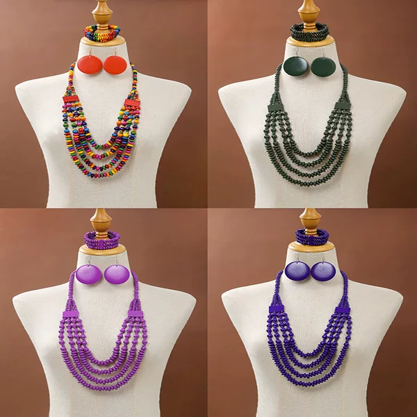 Cross-Border Retro Ethnic Style Wooden Beads Multi-Layered Beaded Necklace Bohemian Long Necklace Clothing Accessories Sweater Chain