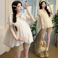 孕妇2025夏季上衣新款韩版时尚孕妈V领蕾丝刺绣小香风娃娃衫套装