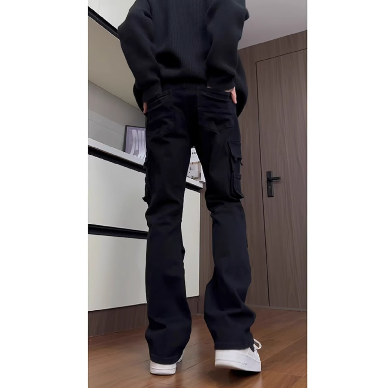 Demi-season retro black elastic fitted fashionable trousers