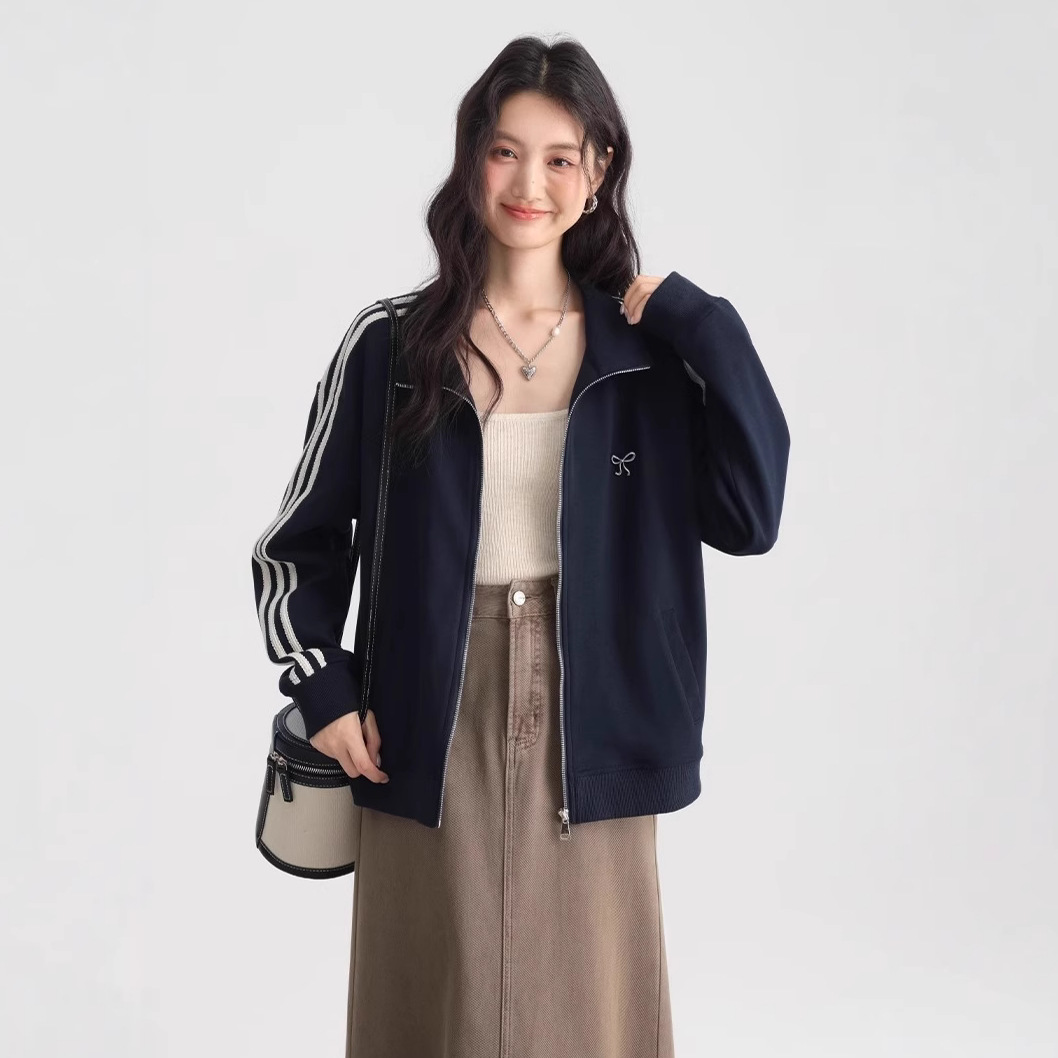 Three-Stripe Sweatshirt Women's Stand-Collar Jacket 2026 Spring New Long-Sleeve Cardigan Loose Versatile Zip-Up Thin Top