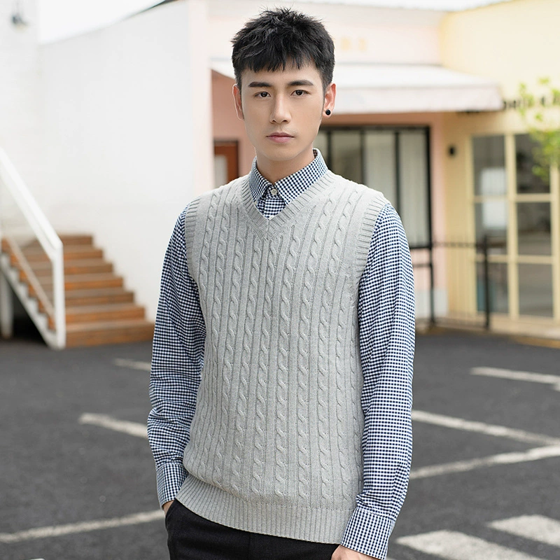 Осенне-Зимний вязаный жилет в японском стиле, мужской свитер, однотонный пуловер с V-образным вырезом, свитер без рукавов, жилет, мужской модный свитер