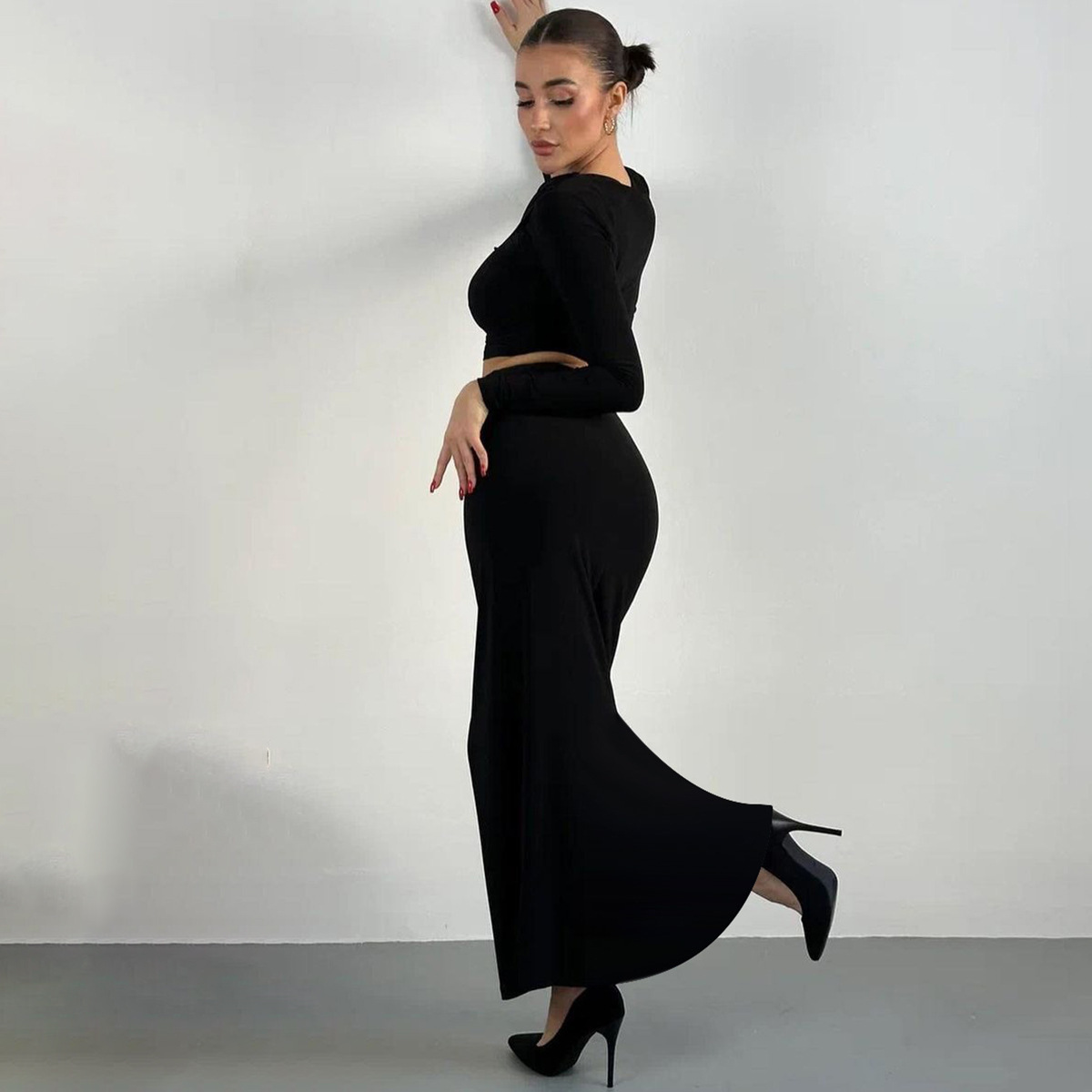 European American Style Women's Clothing 2024 Autumn And Winter New Foreign Trade Round-neck Long-sleeve Crop Top_ecoleips.com