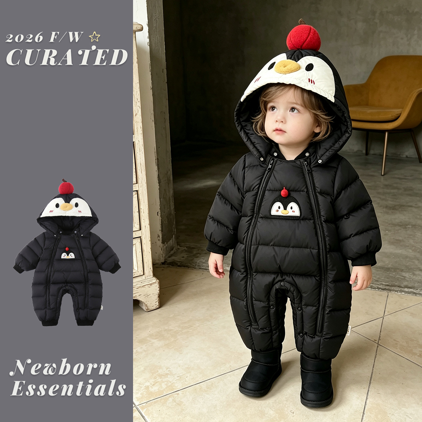 Baby down jacket, unisex, with three-layer protection, hooded, one-piece design, thickened for warmth, windproof, suitable for autumn and winter, and ideal for outdoor wear