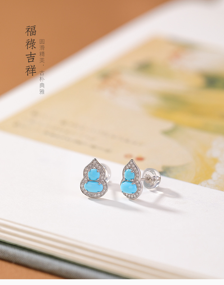 Bông tai bạc S925 đính đá turquoise hình hồ lô phong thủy may mắn — Cặp đôi chi tiết 2