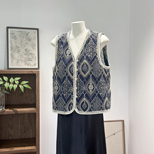 新中式刺绣蕾丝边亮片牛仔布马甲民族风V领漂亮外搭马夹秋季新款