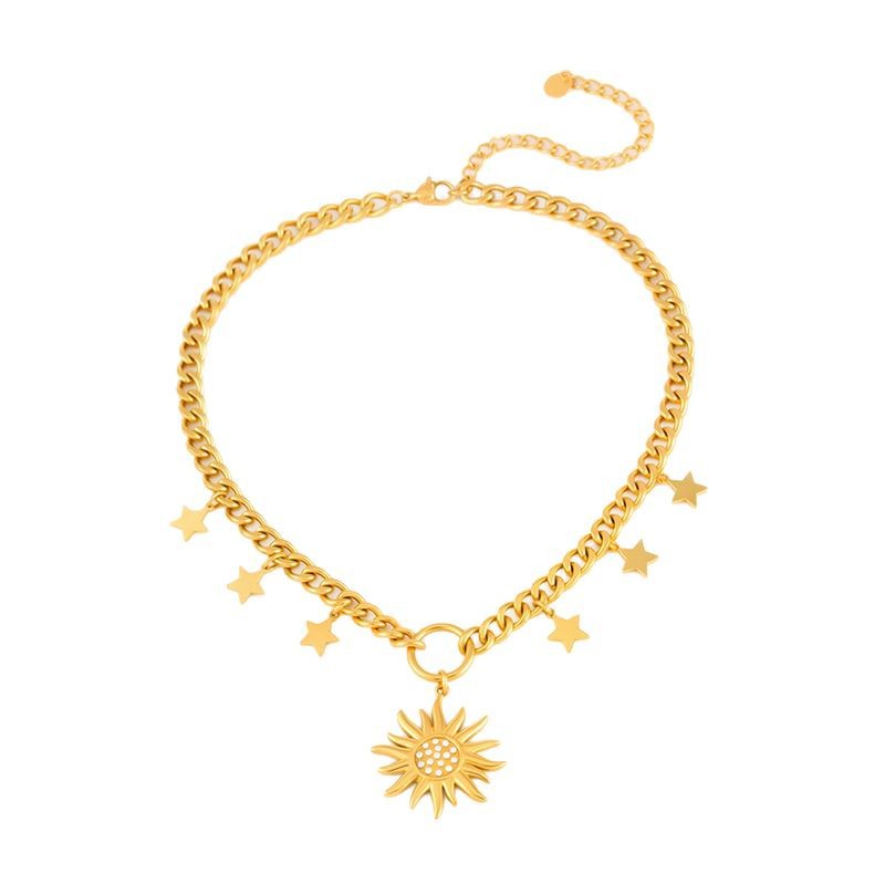 Collar de acero inoxidable de la serie Golden Sun con incrustaciones de diamantes europeos y americanos para mujer Collar de estrella de mango de cadena gruesa de seis estrellas