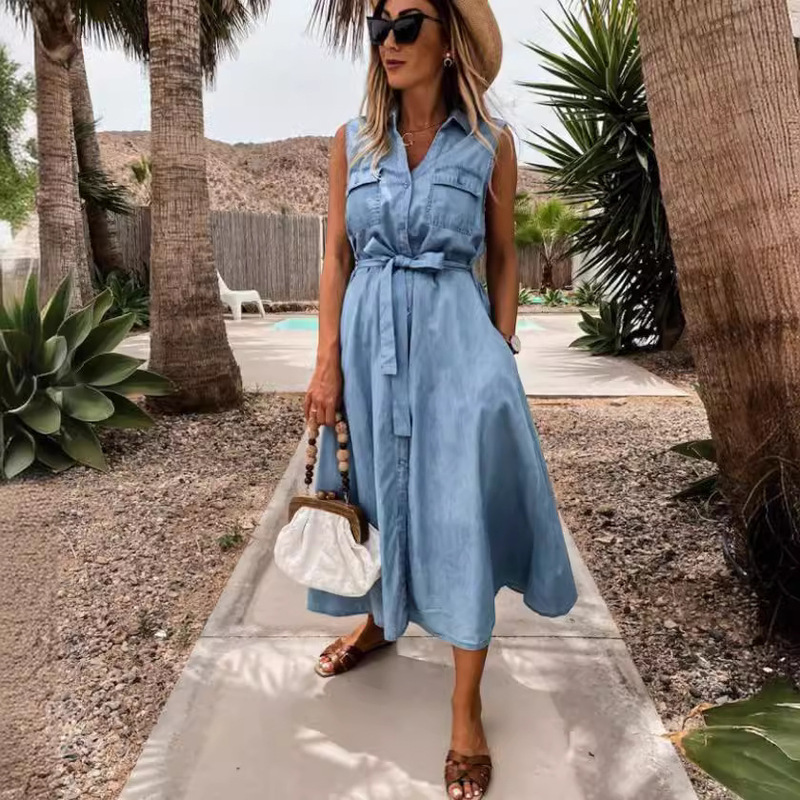Amazon European and American New Sleeveless Long Lace-Up Waist Single-Breasted Denim Dress in Stock