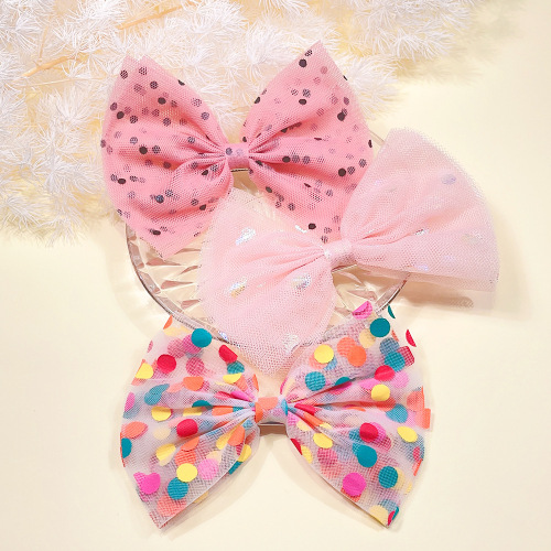Colorful polka dot mesh children's hairpin, princess large bow hairpin, snowflake star half-wrapped cloth top clip