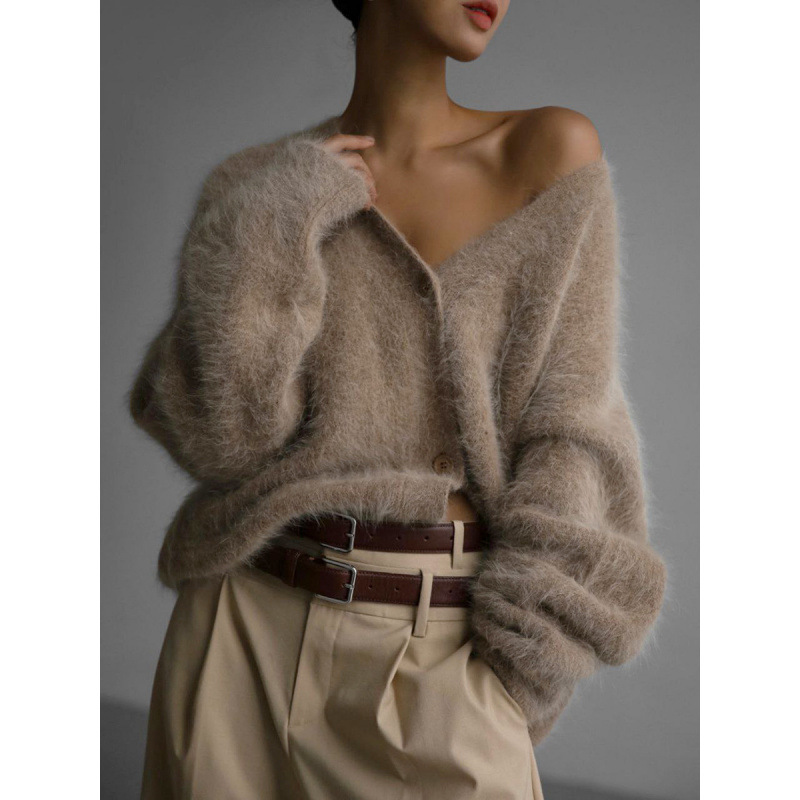 2025 Cross-Border Hot Selling Spring & Fall Imitation Mink Cardigan Women's Lazy Style Loose Sweater Jacket Soft Long-Sleeved Knitwear