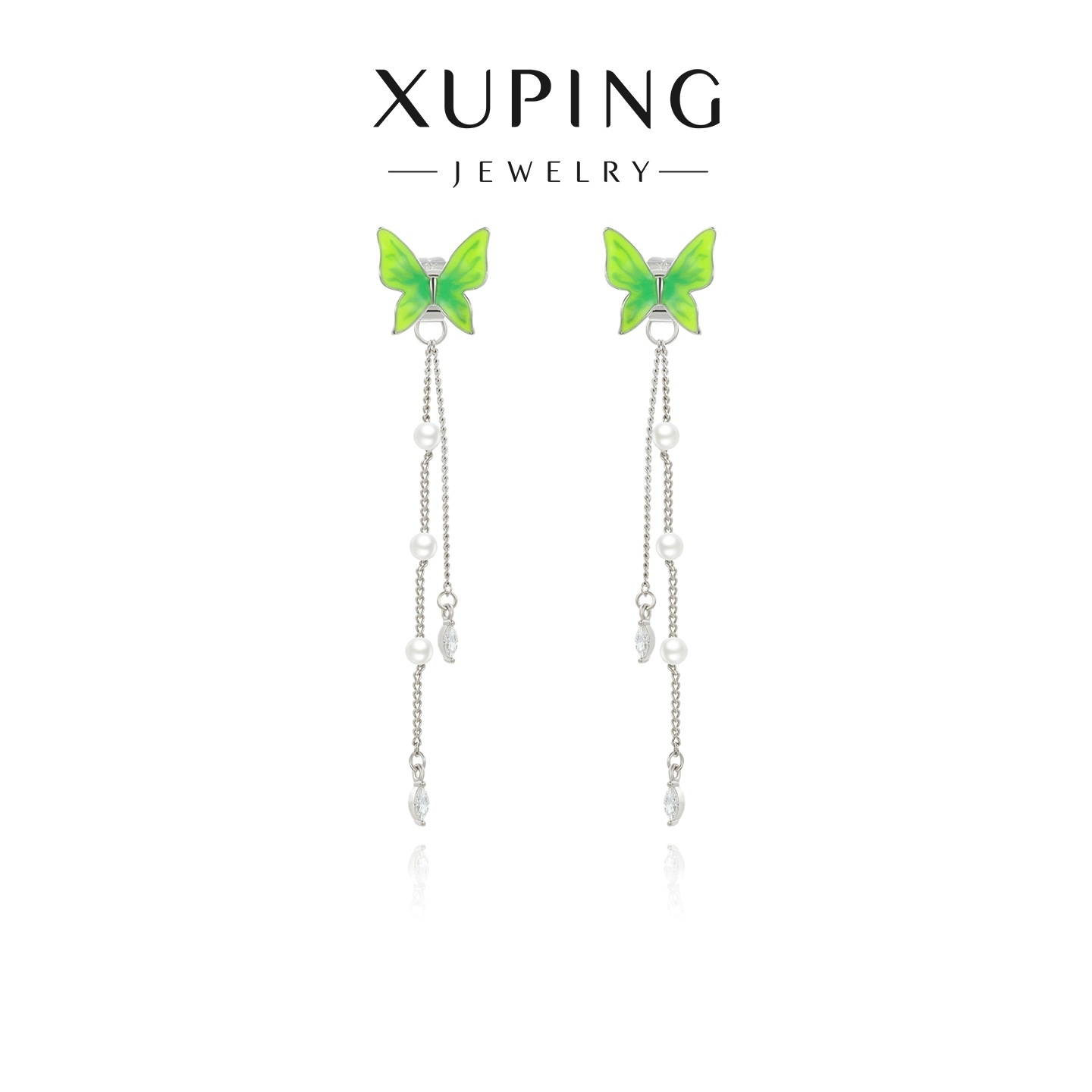 Xuping primavera Fairy Gote series de aceite verde imitación de perlas mariposa pendientes de dos orejetas de temperamento para mujeres