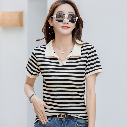 411 休闲百搭条纹polo衫女夏季短袖t恤大码宽松翻领复古正肩短袖T