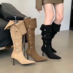 2024西部靴一鞋三穿卡尖头细跟高跟过膝长靴女秋季软皮绒面堆堆靴